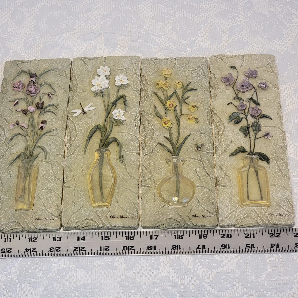 Vintage Cheri Blum Signed 3D Floral Wall Art Plaques Set of 4 Raised Flowers